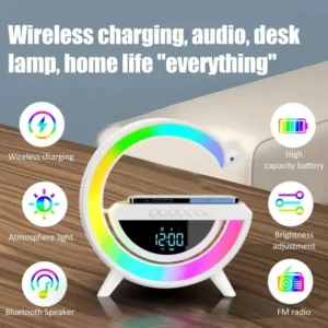 BT-3401 LED Wireless Charging Speaker | Bluetooth Speaker with 15W Fast Wireless Charging, Alarm Clock, FM Radio & LED Light